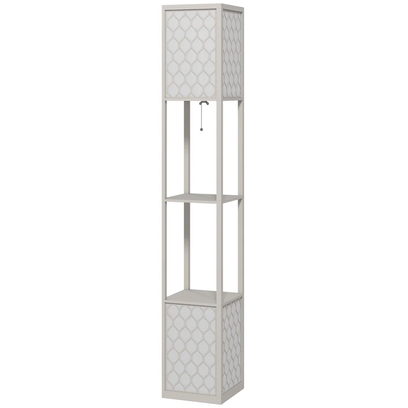 Lampadaire étagère 26 x 26 x 156 cm rangement lumineux 2 étagères abat-jour motif nid d'abeille moderne en MDF gris 21_0007017