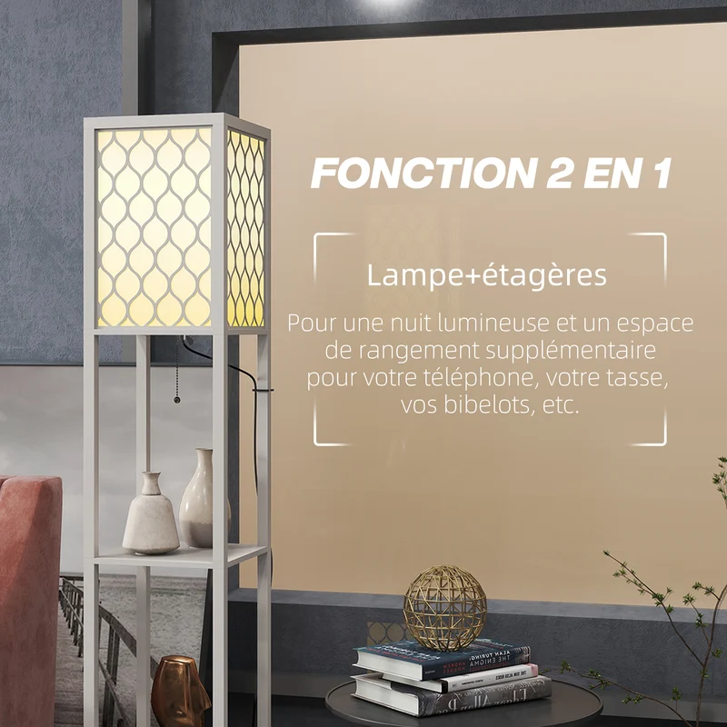 Lampadaire étagère 26 x 26 x 156 cm rangement lumineux 2 étagères abat-jour motif nid d'abeille moderne en MDF gris 21_0007017