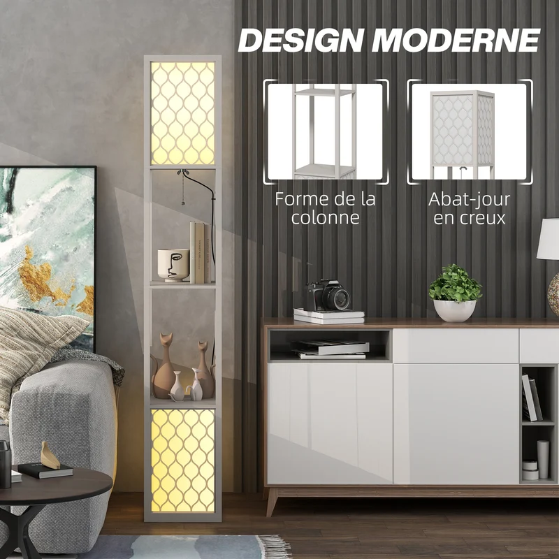 Lampadaire étagère 26 x 26 x 156 cm rangement lumineux 2 étagères abat-jour motif nid d'abeille moderne en MDF gris 21_0007017