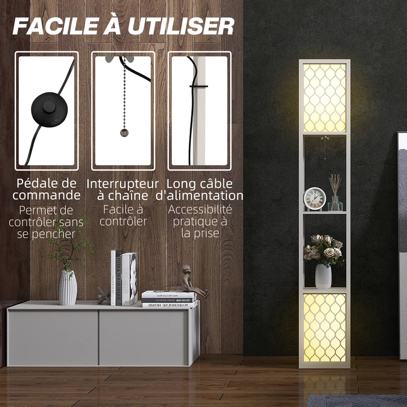 Lampadaire étagère 26 x 26 x 156 cm rangement lumineux 2 étagères abat-jour motif nid d'abeille moderne en MDF gris 21_0007017
