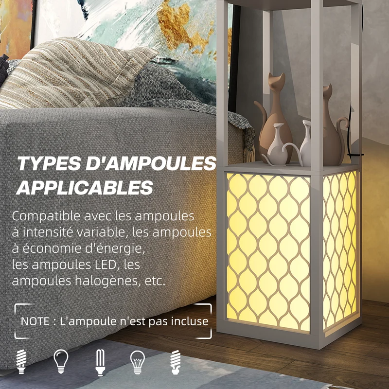 Lampadaire étagère 26 x 26 x 156 cm rangement lumineux 2 étagères abat-jour motif nid d'abeille moderne en MDF gris 21_0007017