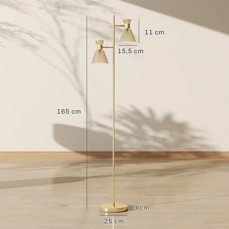 Lampadaire sur pied double tête réglable salon 42 x 25 x 165 cm lueur ciblée et d'ambiance design élégant en métal doré 21_0007052
