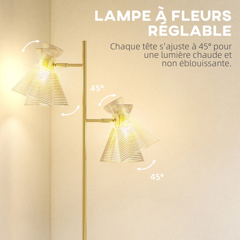 Lampadaire sur pied double tête réglable salon 42 x 25 x 165 cm lueur ciblée et d'ambiance design élégant en métal doré 21_0007052