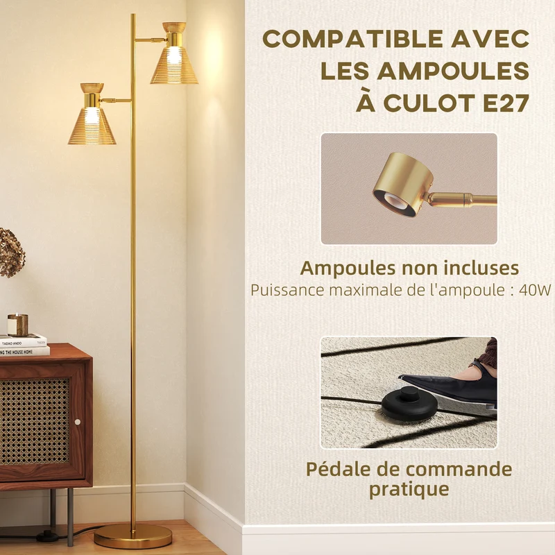 Lampadaire sur pied double tête réglable salon 42 x 25 x 165 cm lueur ciblée et d'ambiance design élégant en métal doré 21_0007052