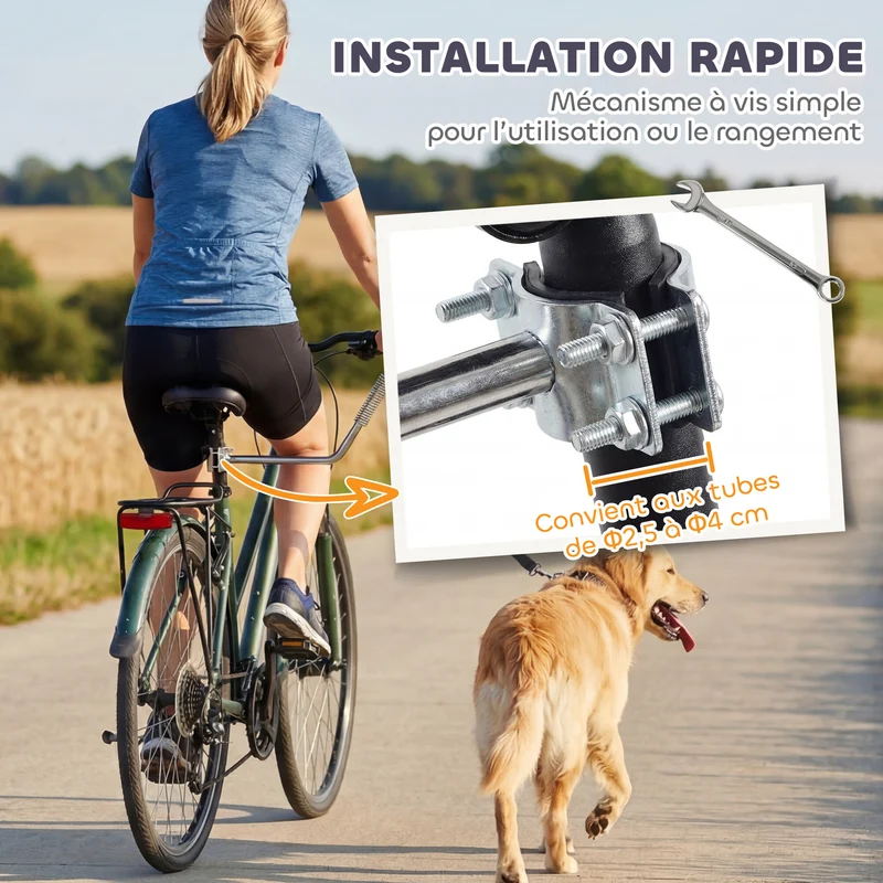 Laisse vélo mains libres pour chien 180 x 1,8 x 1,8 cm amortisseur fixation rapide moderne en acier inoxydable argent 21_0007263