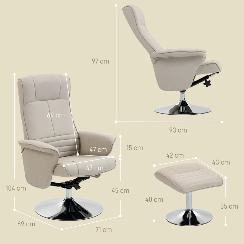 Fauteuil relax inclinable pivotant 360° 69 x 93 x 97 cm assise rembourrée ergonomique contemporain en polyester beige 21_0003074