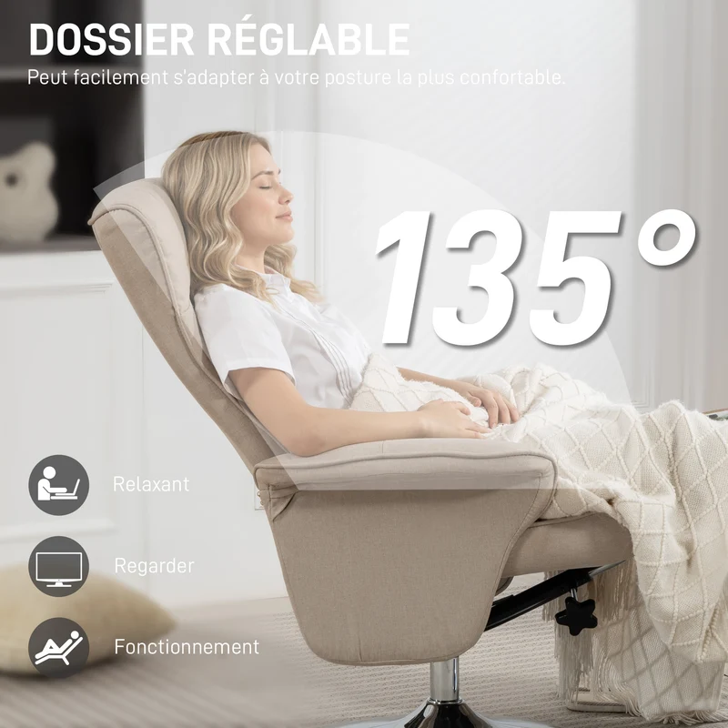 Fauteuil relax inclinable pivotant 360° 69 x 93 x 97 cm assise rembourrée ergonomique contemporain en polyester beige 21_0003074