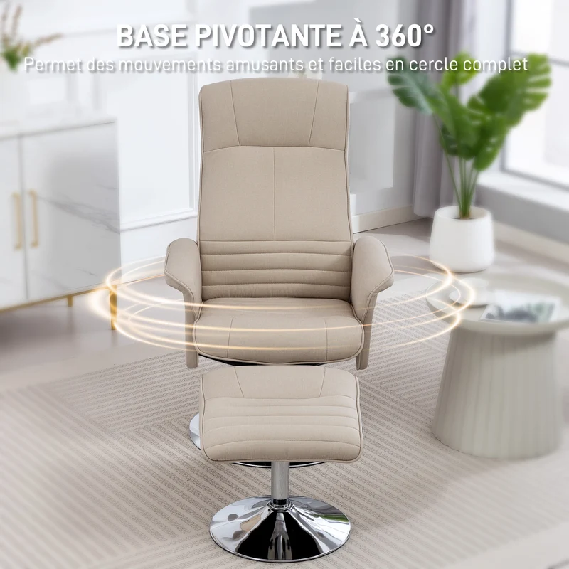 Fauteuil relax inclinable pivotant 360° 69 x 93 x 97 cm assise rembourrée ergonomique contemporain en polyester beige 21_0003074