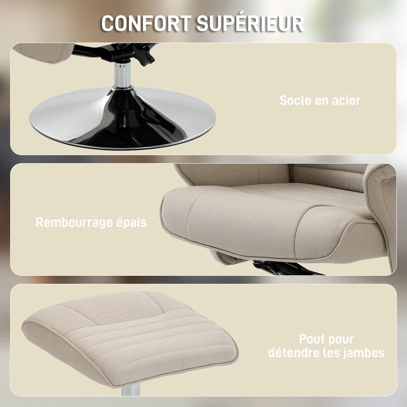 Fauteuil relax inclinable pivotant 360° 69 x 93 x 97 cm assise rembourrée ergonomique contemporain en polyester beige 21_0003074