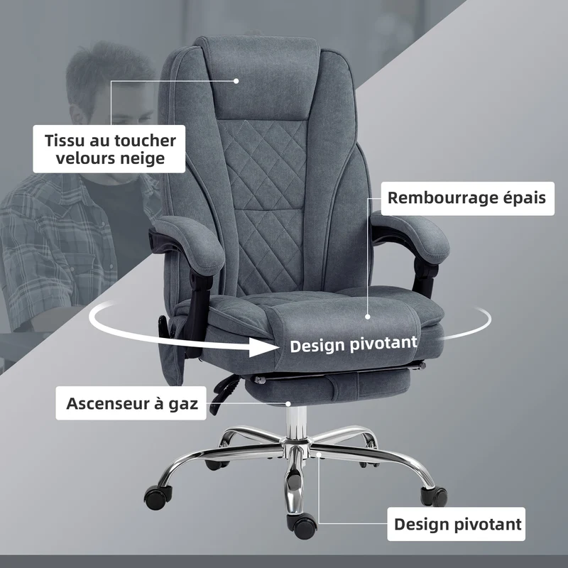 Fauteuil de bureau massant inclinable 67 x 72 x 119 cm chauffant repose-pieds moderne contemporain en velours gris foncé 21_0006255