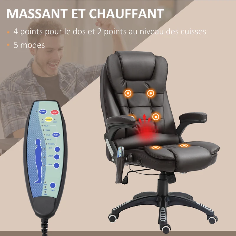 Fauteuil de bureau 62 x 68 x 111-121 cm massant dossier chauffant contemporain très cosy pour salon et bureau en PU brun 21_0006438