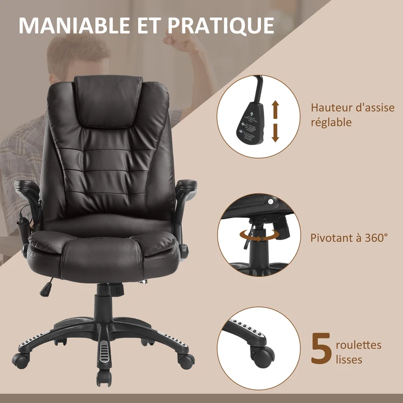 Fauteuil de bureau 62 x 68 x 111-121 cm massant dossier chauffant contemporain très cosy pour salon et bureau en PU brun 21_0006438