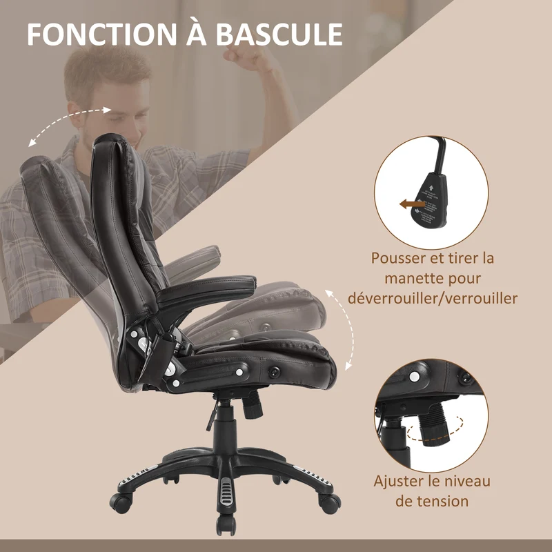 Fauteuil de bureau 62 x 68 x 111-121 cm massant dossier chauffant contemporain très cosy pour salon et bureau en PU brun 21_0006438
