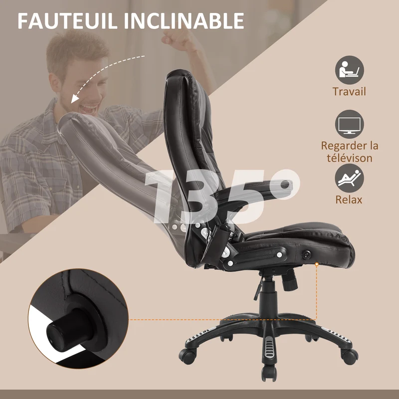 Fauteuil de bureau 62 x 68 x 111-121 cm massant dossier chauffant contemporain très cosy pour salon et bureau en PU brun 21_0006438