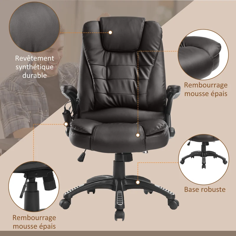 Fauteuil de bureau 62 x 68 x 111-121 cm massant dossier chauffant contemporain très cosy pour salon et bureau en PU brun 21_0006438