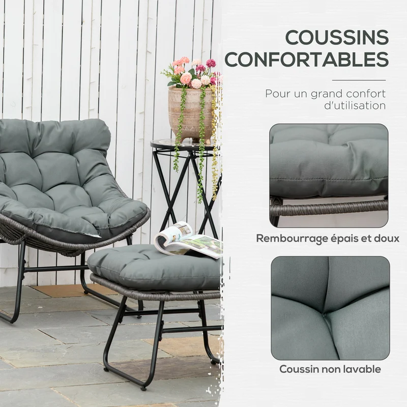 Fauteuil avec repose-pieds salon et extérieur 69 x 76 x 70 cm assise profonde coussins moelleux bohème en résine gris 21_0006046