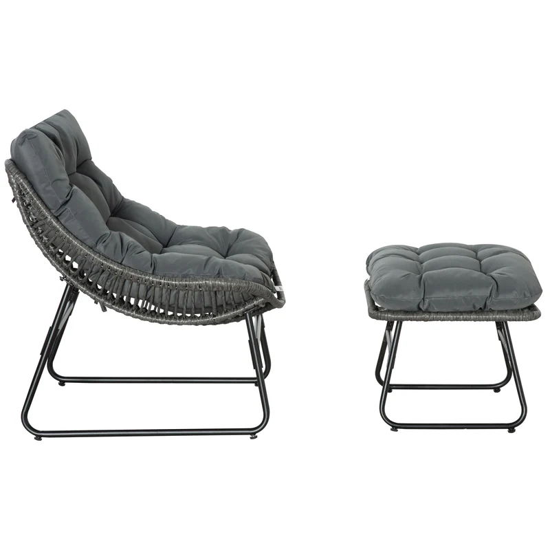 Fauteuil avec repose-pieds salon et extérieur 69 x 76 x 70 cm assise profonde coussins moelleux bohème en résine gris 21_0006046