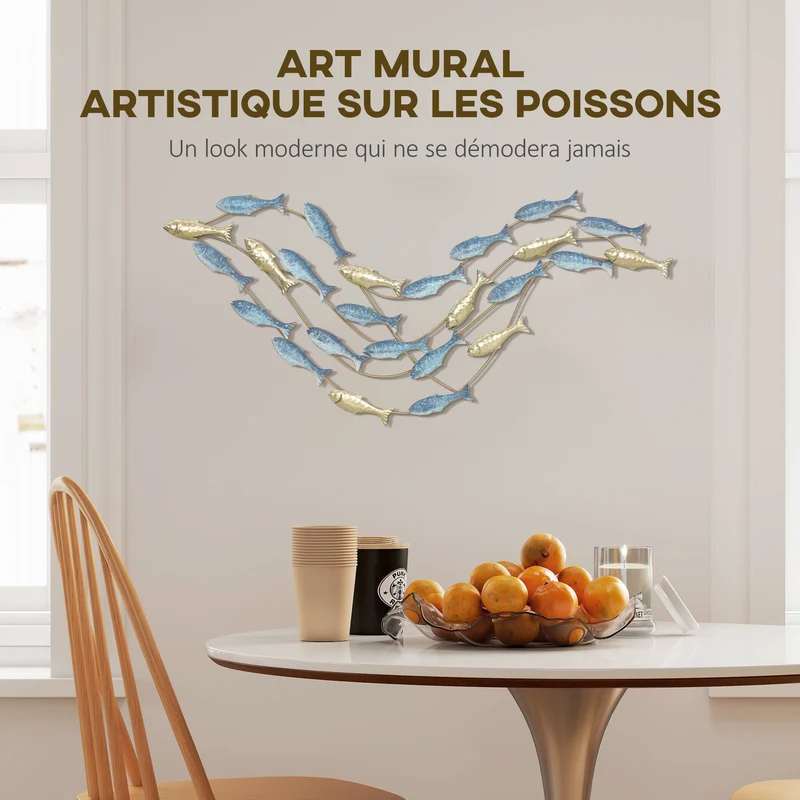 Décoration murale forme poisson salon chambre 99.7 x 3.8 x 50.2 cm point focal durable scandinave en métal bleu clair 21_0003704