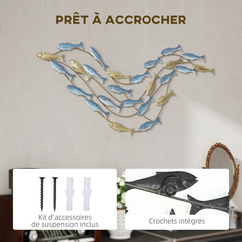 Décoration murale forme poisson salon chambre 99.7 x 3.8 x 50.2 cm point focal durable scandinave en métal bleu clair 21_0003704