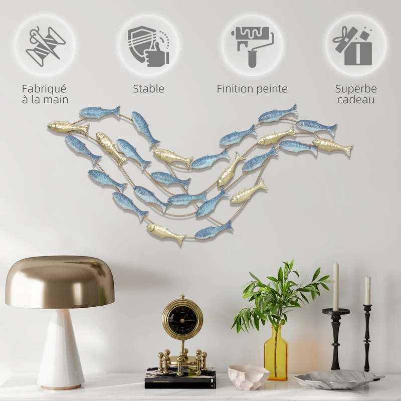 Décoration murale forme poisson salon chambre 99.7 x 3.8 x 50.2 cm point focal durable scandinave en métal bleu clair 21_0003704