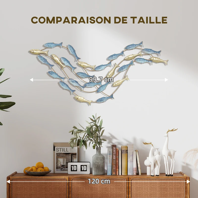 Décoration murale forme poisson salon chambre 99.7 x 3.8 x 50.2 cm point focal durable scandinave en métal bleu clair 21_0003704