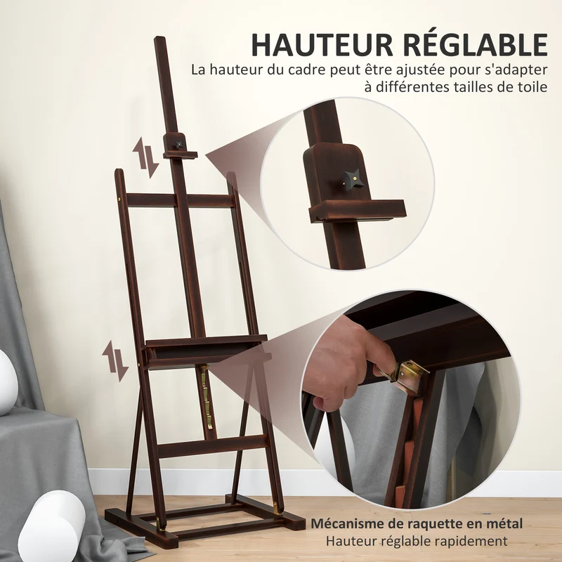 Chevalet de peinture hauteur réglable 53 x 50.5 x 171-230 cm rangement porte pinceau classique contemporain en bois café 21_0006106