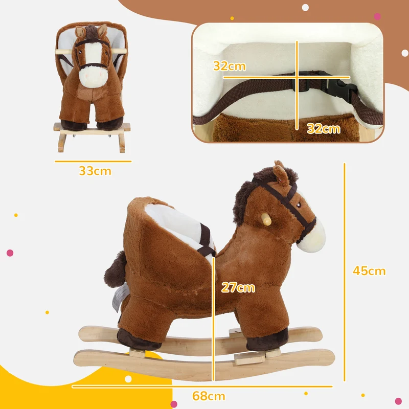 Cheval à bascule pour enfants 68 x 33 x 45 cm ceinture de sécurité assise rembourrée classique décoratif en bois marron 21_0000284