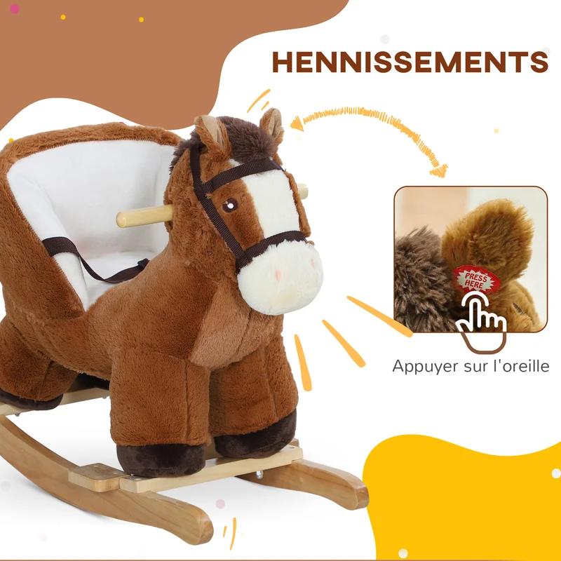 Cheval à bascule pour enfants 68 x 33 x 45 cm ceinture de sécurité assise rembourrée classique décoratif en bois marron 21_0000284