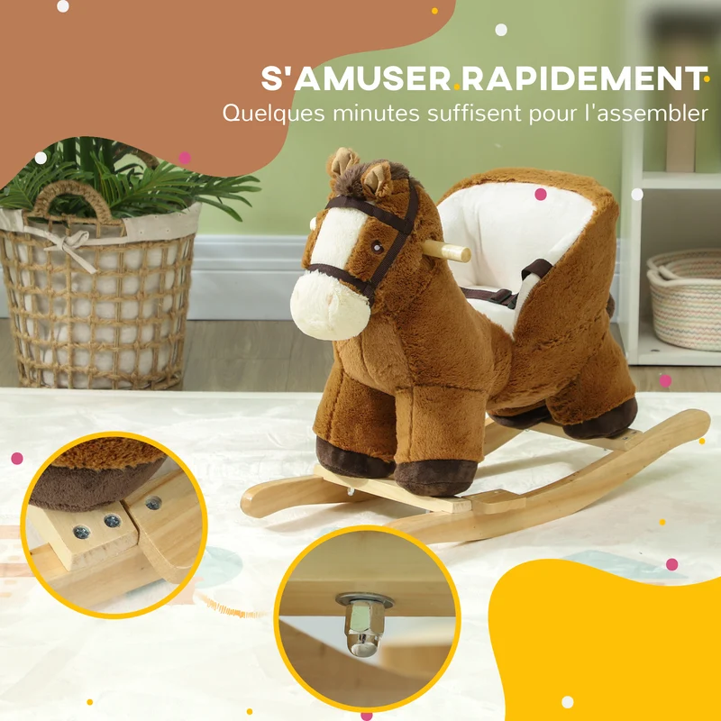 Cheval à bascule pour enfants 68 x 33 x 45 cm ceinture de sécurité assise rembourrée classique décoratif en bois marron 21_0000284