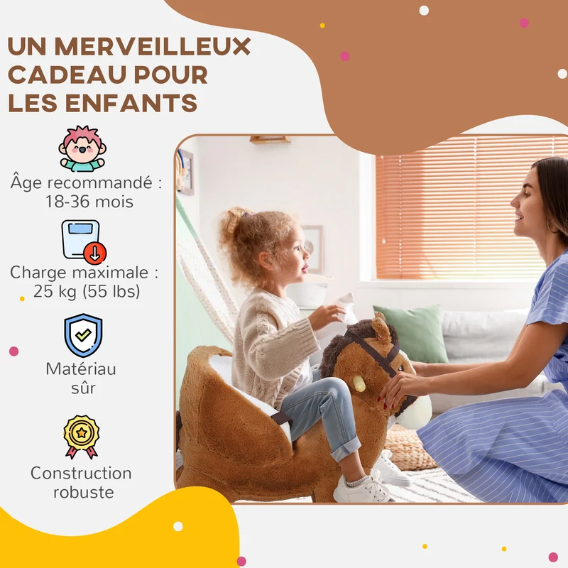 Cheval à bascule pour enfants 68 x 33 x 45 cm ceinture de sécurité assise rembourrée classique décoratif en bois marron 21_0000284
