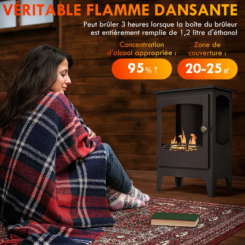 Cheminée à l'éthanol sur pied poêle 39 x 26 x 54 cm chauffe 20-25 m² sans fumée contemporain cocooning en acier noir 21_0001132