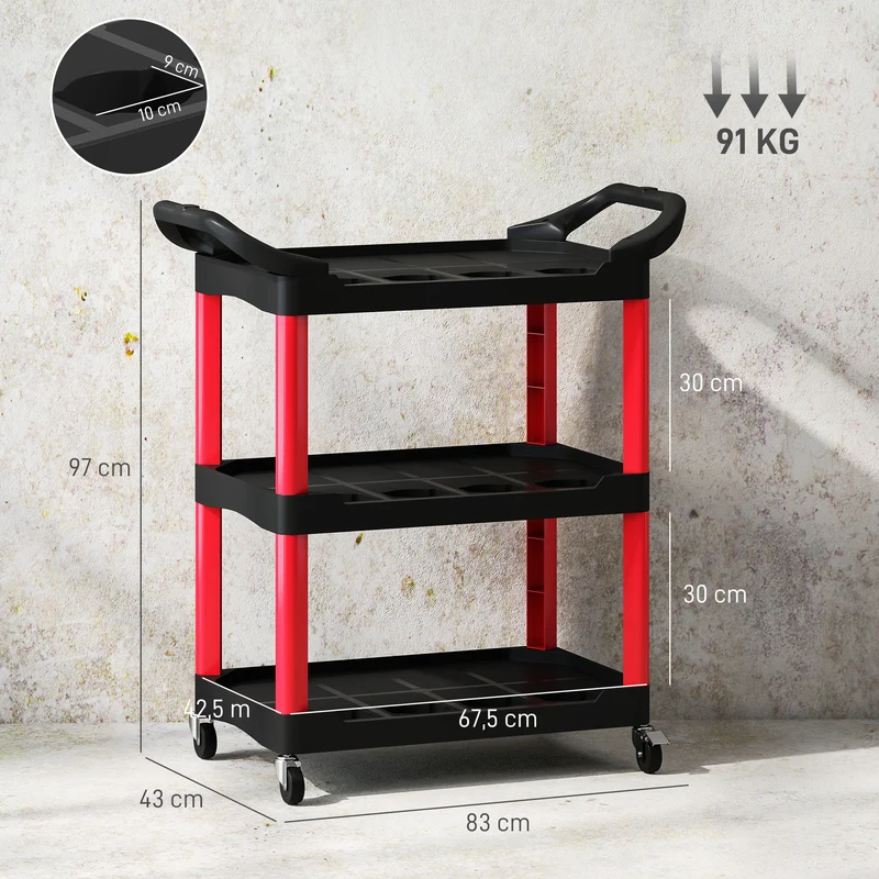 Chariot d'atelier à 3 niveaux utilitaire 83 x 43 x 97 cm mobilité roues freinées style industriel en plastique noir 21_0006988