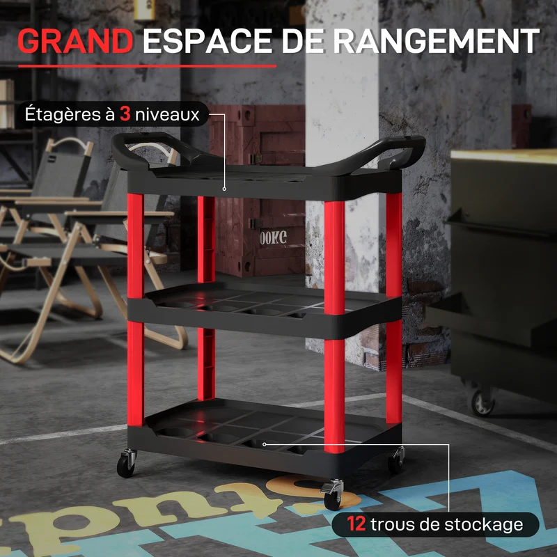 Chariot d'atelier à 3 niveaux utilitaire 83 x 43 x 97 cm mobilité roues freinées style industriel en plastique noir 21_0006988