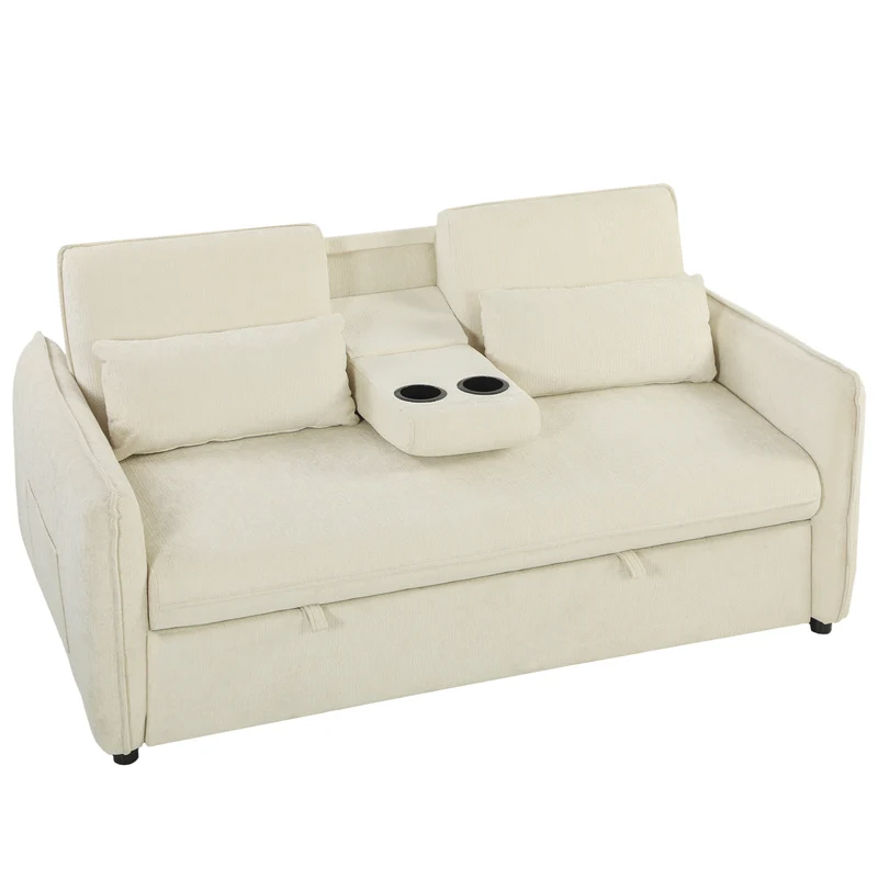 Canapé convertible 2 places 3 en 1 166 x 90 x 84 cm dossier réglable porte gobelets rangement moderne en chenille beige 21_0003668