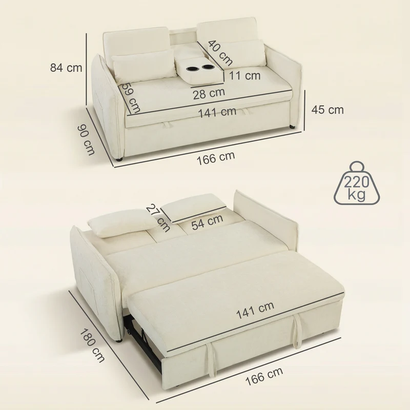 Canapé convertible 2 places 3 en 1 166 x 90 x 84 cm dossier réglable porte gobelets rangement moderne en chenille beige 21_0003668