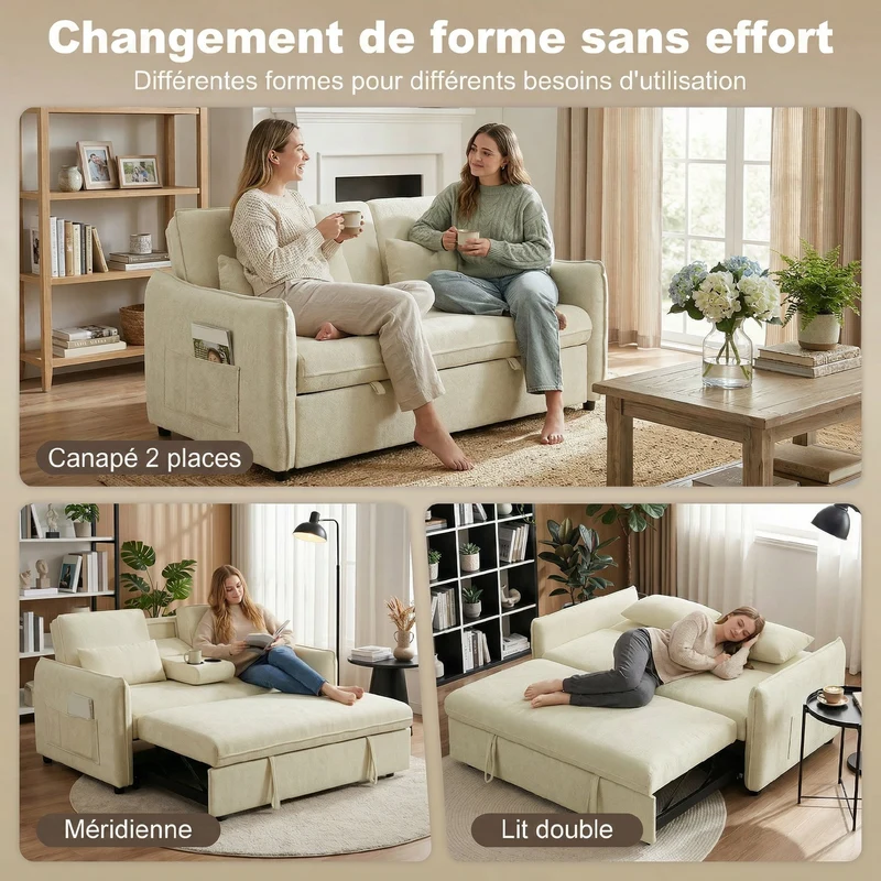 Canapé convertible 2 places 3 en 1 166 x 90 x 84 cm dossier réglable porte gobelets rangement moderne en chenille beige 21_0003668