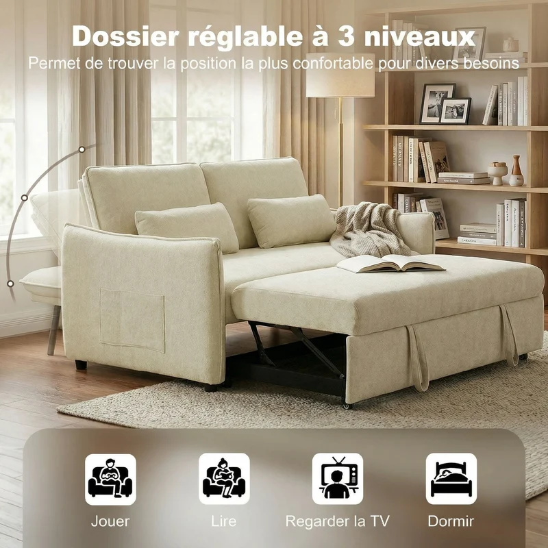 Canapé convertible 2 places 3 en 1 166 x 90 x 84 cm dossier réglable porte gobelets rangement moderne en chenille beige 21_0003668
