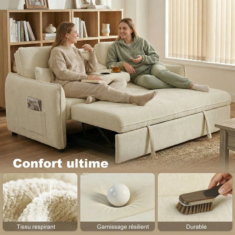 Canapé convertible 2 places 3 en 1 166 x 90 x 84 cm dossier réglable porte gobelets rangement moderne en chenille beige 21_0003668
