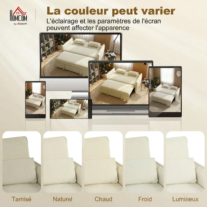 Canapé convertible 2 places 3 en 1 166 x 90 x 84 cm dossier réglable porte gobelets rangement moderne en chenille beige 21_0003668