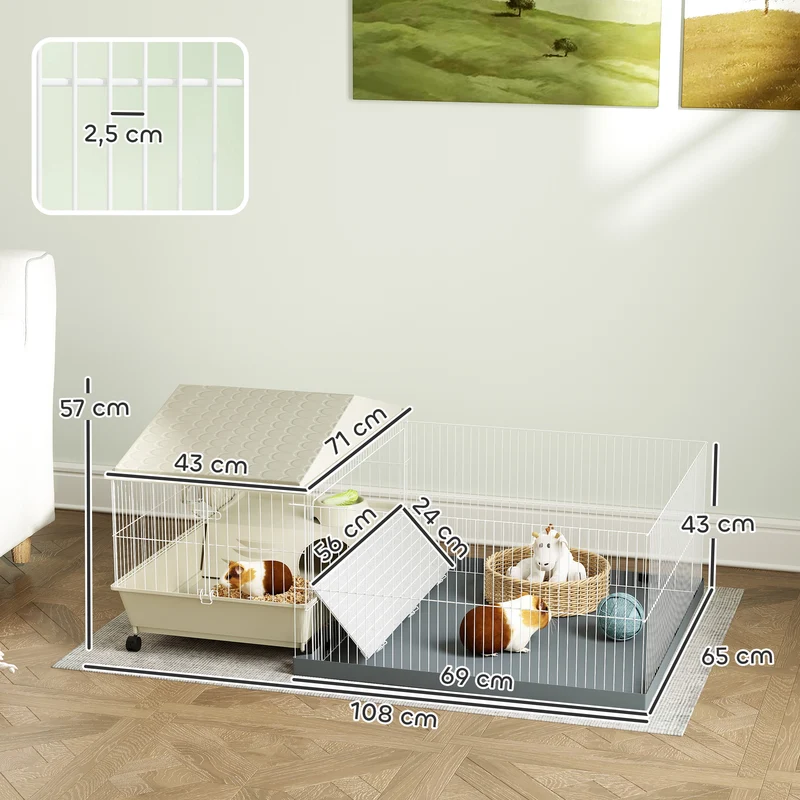 Cage pour petits animaux enclos amovible 108 x 71 x 57 cm tapis imperméable râtelier moderne à roulettes en acier beige 21_0008004