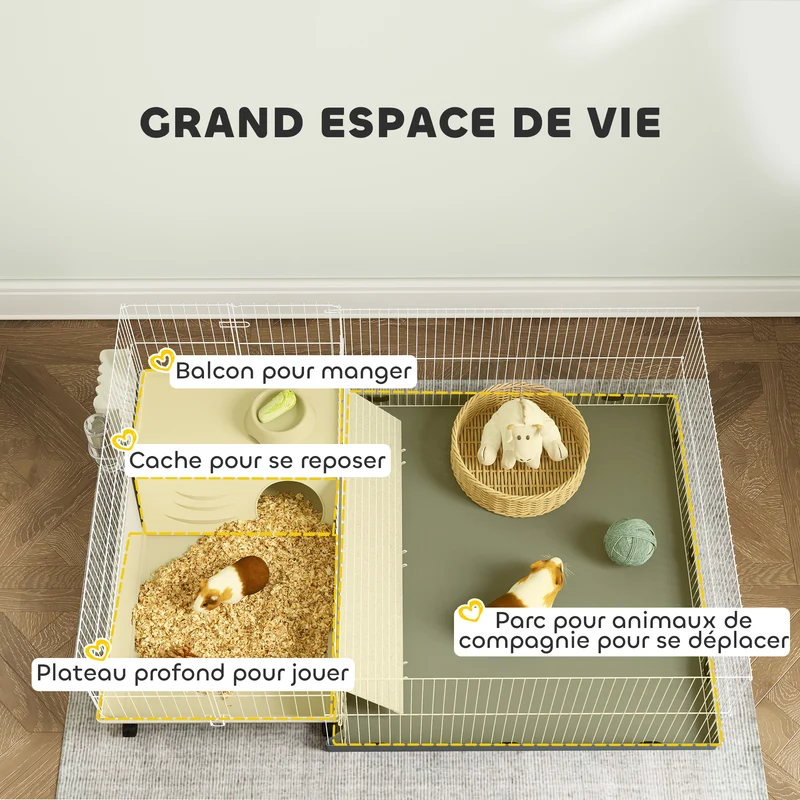 Cage pour petits animaux enclos amovible 108 x 71 x 57 cm tapis imperméable râtelier moderne à roulettes en acier beige 21_0008004