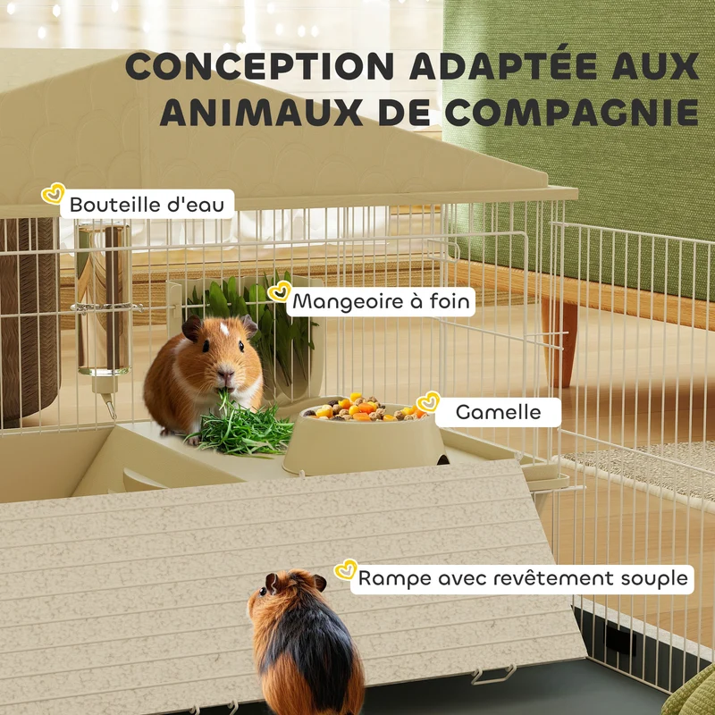 Cage pour petits animaux enclos amovible 108 x 71 x 57 cm tapis imperméable râtelier moderne à roulettes en acier beige 21_0008004
