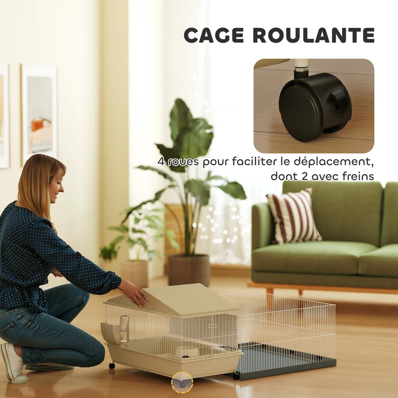 Cage pour petits animaux enclos amovible 108 x 71 x 57 cm tapis imperméable râtelier moderne à roulettes en acier beige 21_0008004