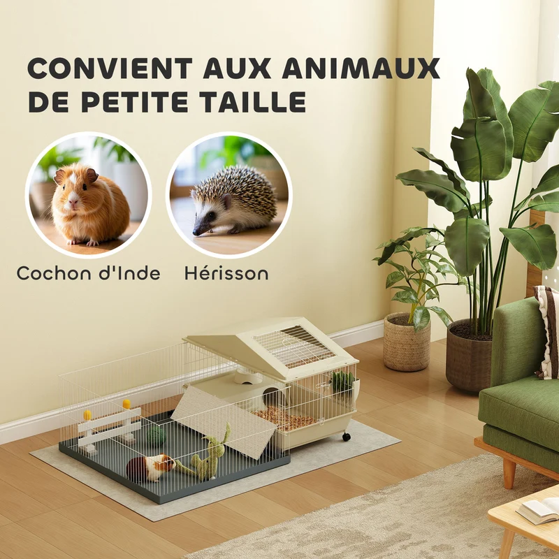 Cage pour petits animaux enclos amovible 108 x 71 x 57 cm tapis imperméable râtelier moderne à roulettes en acier beige 21_0008004