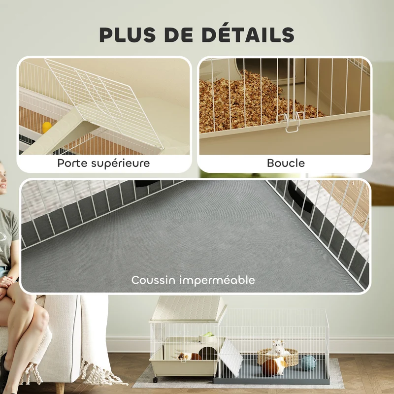 Cage pour petits animaux enclos amovible 108 x 71 x 57 cm tapis imperméable râtelier moderne à roulettes en acier beige 21_0008004