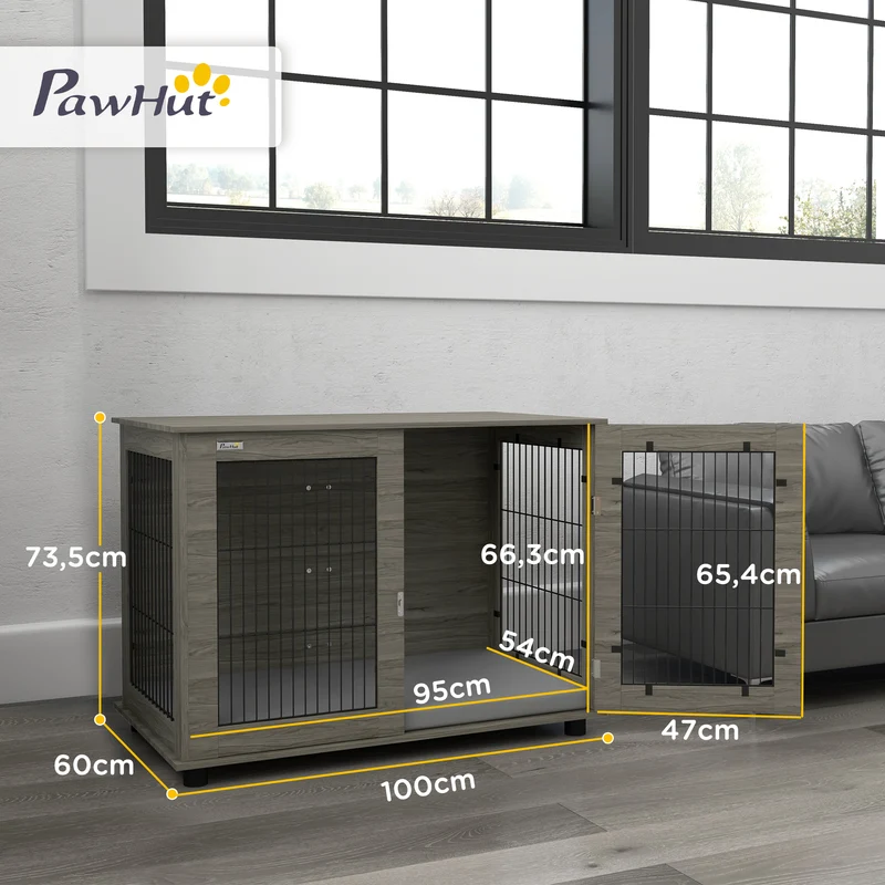 Cage pour chien table 100 x 60 x 73,5 cm coussin déhoussable porte verrouillable design en panneau de particules gris 21_0007308