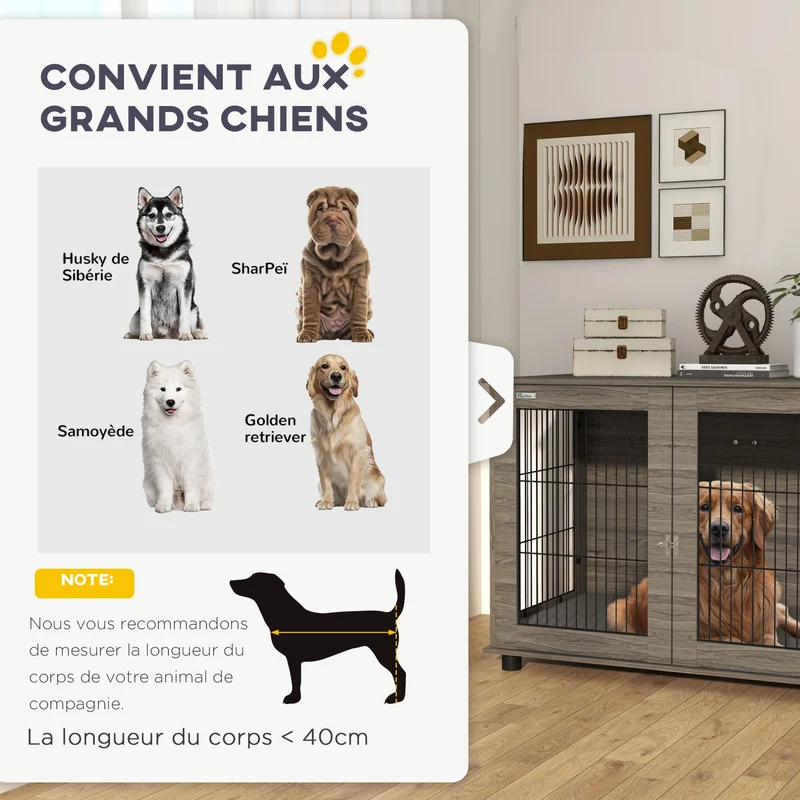 Cage pour chien table 100 x 60 x 73,5 cm coussin déhoussable porte verrouillable design en panneau de particules gris 21_0007308