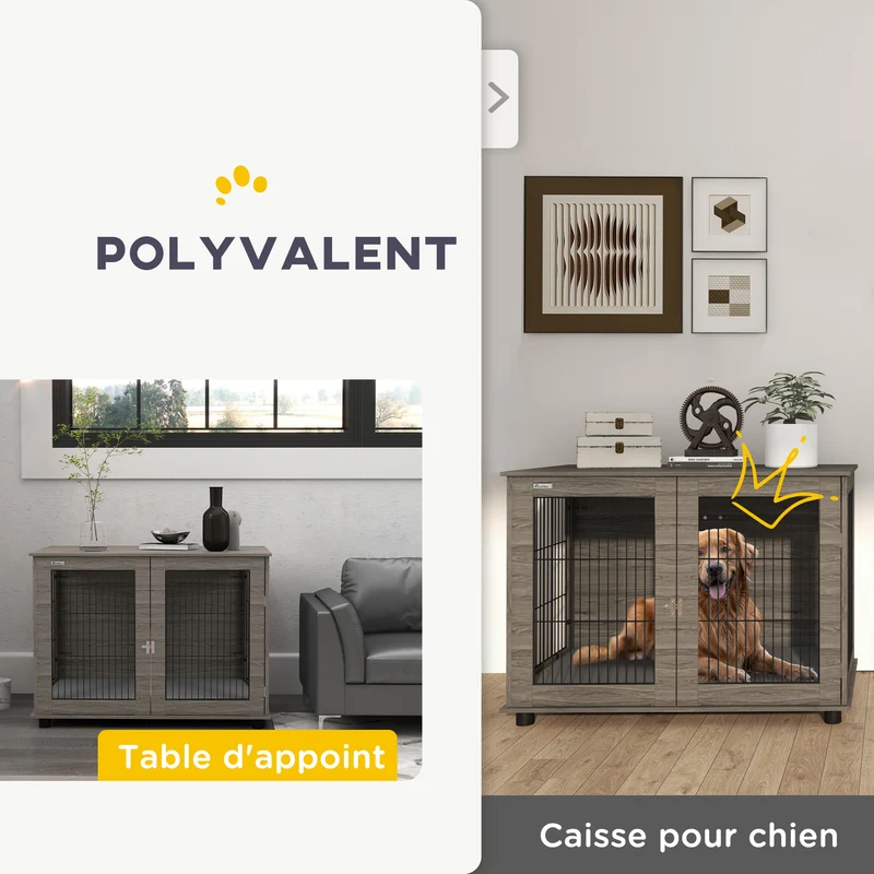 Cage pour chien table 100 x 60 x 73,5 cm coussin déhoussable porte verrouillable design en panneau de particules gris 21_0007308