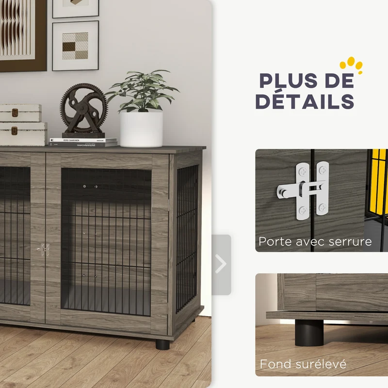Cage pour chien table 100 x 60 x 73,5 cm coussin déhoussable porte verrouillable design en panneau de particules gris 21_0007308