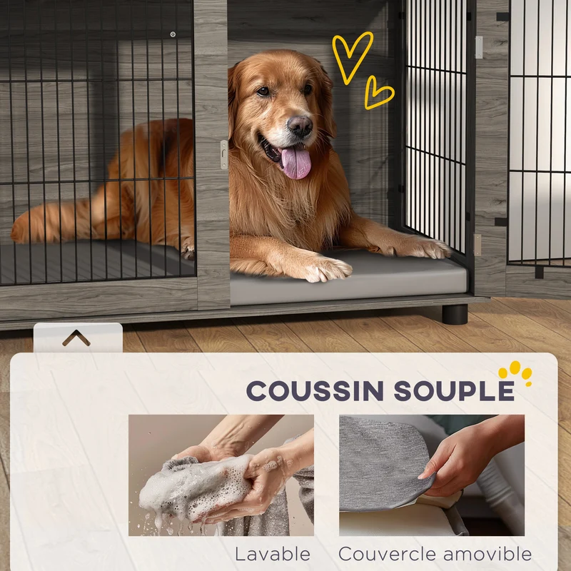 Cage pour chien table 100 x 60 x 73,5 cm coussin déhoussable porte verrouillable design en panneau de particules gris 21_0007308